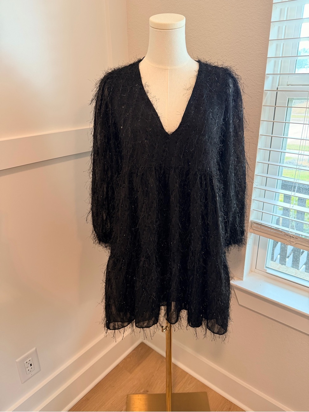 Zara Black Fringed Textured Mini Dress